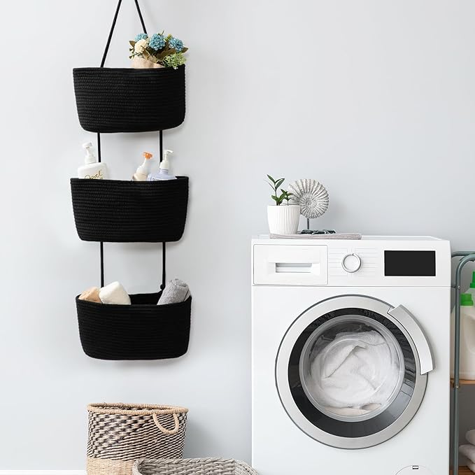 TeoKJ Over the Door Hanging Basket, 3-Tier Woven Cotton Wall-Mounted Storage Organizer Bag Decorative Hanging Nursery Baskets, Black