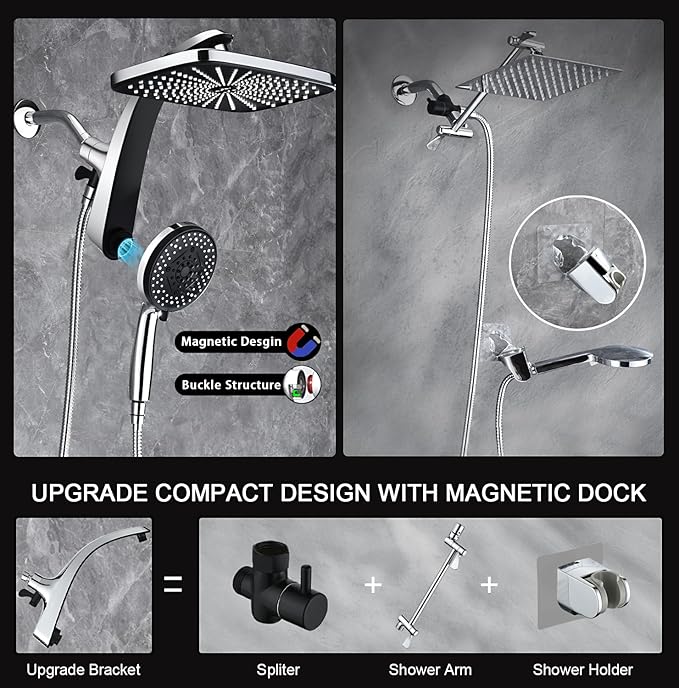 BOZYBO Rain Shower Head with Handheld: High Pressure Shower Heads with Handheld Spray Combo, 12" Rainfall Shower Head and 9 Sprays Hand Showerheads with Magnetic Docking and Power Jets, Chrome