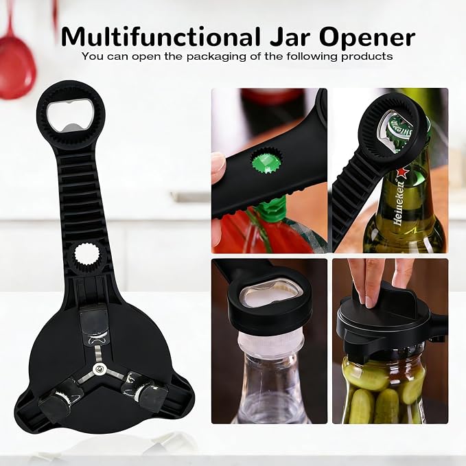 Jar Opener for Weak Hands, Seniors & Arthritis Bottle & Can Opener Manual Lid Remover for Small to Large Caps – Multi-Function Kitchen Tool for Jars, Beer, Sauces & Soda Bottles (Black)