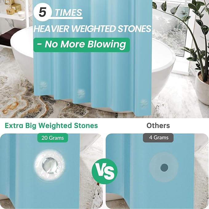 AmazerBath Teal Shower Curtain Plastic 72x72 Inches, Turquoise Shower Curtain Premium PEVA, 8G Heavy Duty Teal Shower Curtains for Bathroom with 3 Big Weighted Stones and 12 Rustproof Grommets
