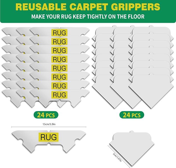 48 PCS Carpet Tape, Non Slip Rug Corner Pads for Hardwood Tile, No Residue | Reusable Removable Double Sided Adhesive,Secures Area Rug Corners,Fits Laminate LVP Floors,Rug Stickers,No Floor Damage