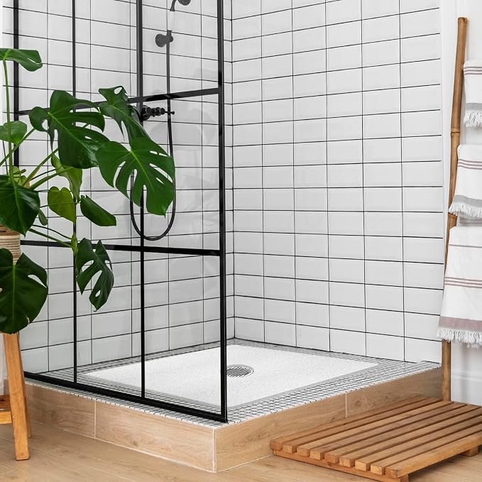 Shower Mat Non Slip,32 x 32 Inch Extra Large Square Shower Mat with Drain Hole in Middle,Soft Loofah Bath Mat Shower Stall Bathtub Mat for Inside Shower Bathroom,Without Suction Cups (White)