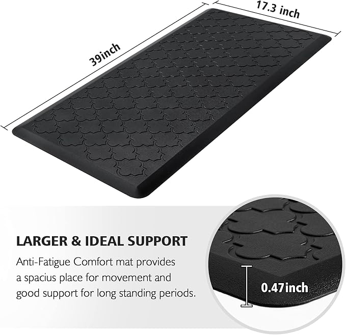 WISELIFE Cushioned Anti Fatigue Floor Mat, 17.3"x39", Thick Non Slip Water Resistant Kitchen Rug, Heavy Duty PVC Foam Standing Mat for Kitchen, Floor, Home, Desk, Sink, Laundry, Black