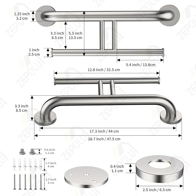 Brushed Nickel Handicap Grab Bar w/Toilet Paper Roll Holder, Zepolu 2-in-1 Safety Assist Bar Balanced Support Handle 17 Inch, Stainless Steel Wall Mounted Bathroom Toilet Grab Bar for Senior Elderly