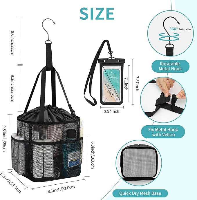 Mesh Shower Caddy Portable for College Dorm Room Essentials, Hanging Shower Caddy with Waterproof Phone Pouch, Large Capacity Shower Bag Basket Tote for Bathroom, Gym, Camping, Swimming, Beach, Black