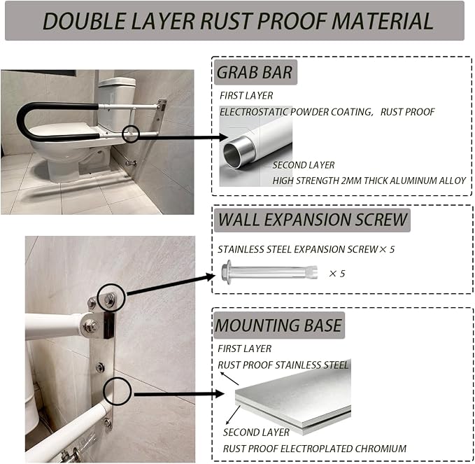 30 inches Toilet Grab bar Handicap Grab bar for Seniors Elderly and Disabled, 330 lbs Heavy Duty Bearing, Dual Layer Rust Proof Material, Soft Sponge Sheath,Safety Rails，Toilet Handles