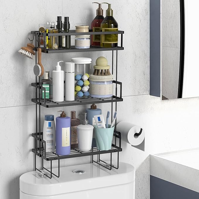FLOLXNB Over The Toilet Storage Shelf, 3-Tier Bathroom Storage Organizer Upgrade Punch-Free Toliet Storage Shelf, Home Storage Rack with Hooks Shelf,Black