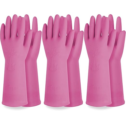 DABOGOSA Reusable Waterproof Household Dishwashing Cleaning Rubber Gloves, Non-Slip Kitchen Glove (Pink, Small (Pack of 3))