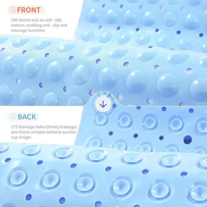 Anti-Slip Bathtub Shower mat, 40×16 inch（ 100 × 40cm） Soft Oversized Machine Washable Non-Slip Bathtub mat with Drainage Holes, Bathroom Floor Suction Cup.（1-Opaque Light Blue）