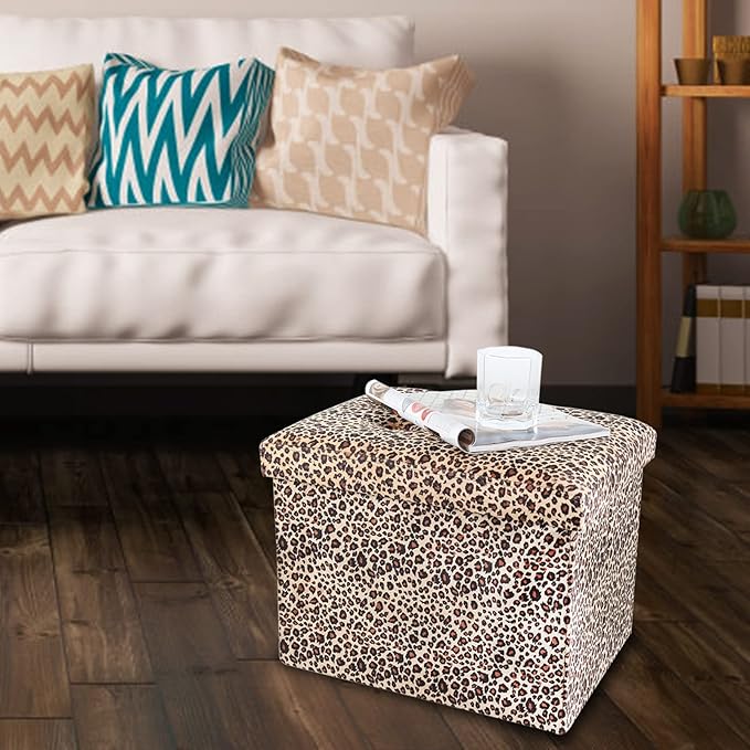 ALASDO Ottoman Storage Ottoman Footrest Stool Foldable Foot Rest Footstool Bench for Living Room 17x13x13inches Leopard Print