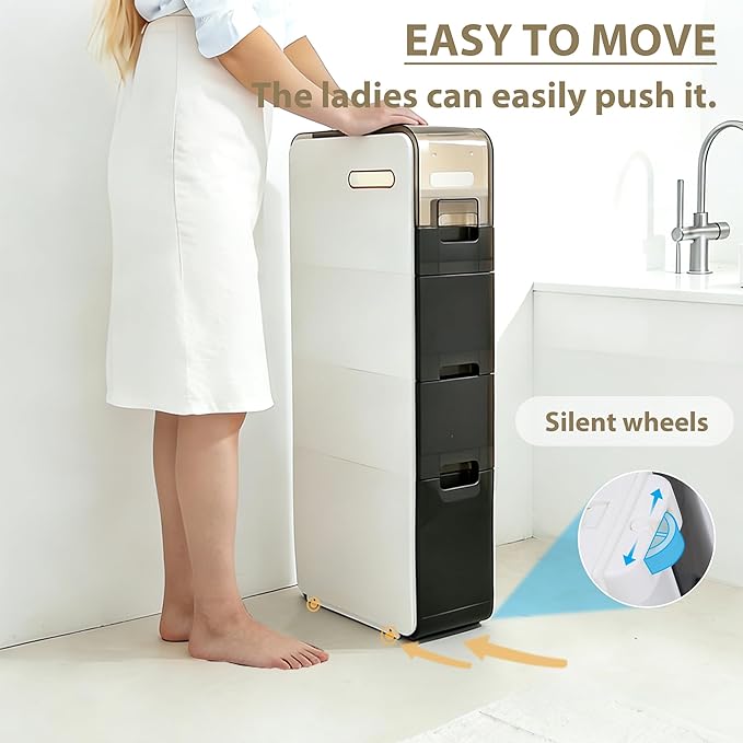 BGYMF Ultra Thin 3-Tier Slim Bathroom Storage Cabinet, Slim Cabinet for Bathroom, Narrow Rolling Cart with Wheels, White Plastic Organizer for Small Space, Kitchen, Laundry, Living Room, Corner