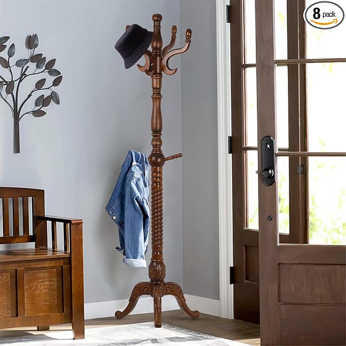 Bekrvio Coat Rack Freestanding Coat Tree Stand with 8 Hooks, 79" Heavy Duty Premium Ash Wood Coat Hanger Stand, Floor Standing Clothes Coat Rack Stand for Entryway Corner, Hallway,Bedroom Load 160lbs