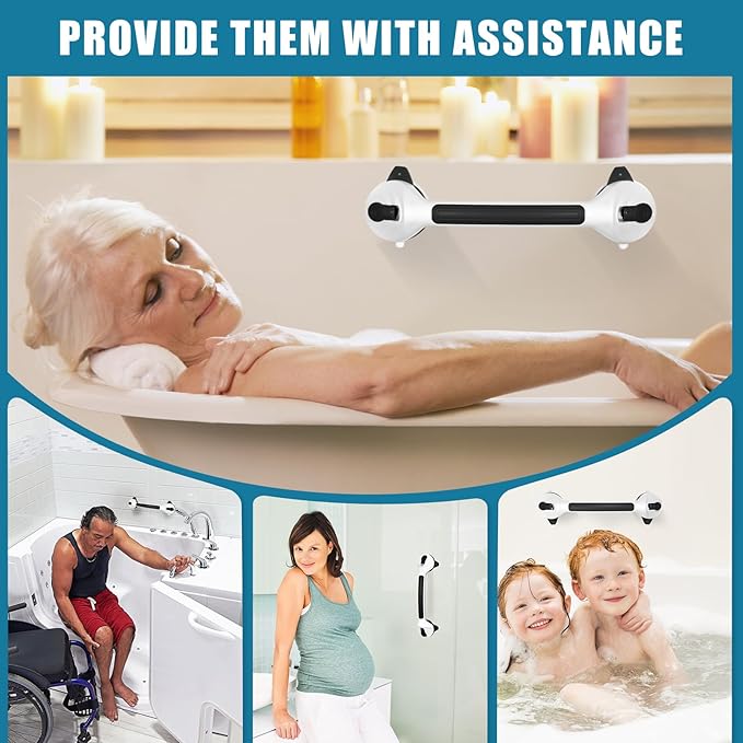 MCDEX Grab Bars for Shower, 2 Pack Shower Handle for Elderly (Black White) | Safety Signal Indicators, Strong Suction Cup, Easy Installation, No Drill, Removable, Anti-Slip, Waterproof