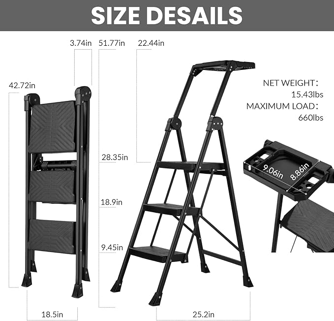 XinSunho 3 Step Ladder, Foldable Handrail & Tool Tray Stool Ladders with Anti-Slip Wide Pedal, 660 lbs Sturdy Steel Ladder for Home Kitchen and Outdoor