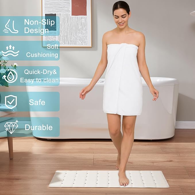 Webos Non-Slip Bath Mat for Tub & Shower：Silicone Foldable Bathtub Mat with Strong Suction Cups, Quick Drain Holes, Machine Washable Extra Large Bathroom Mats 35.8" x 17.7", Beige