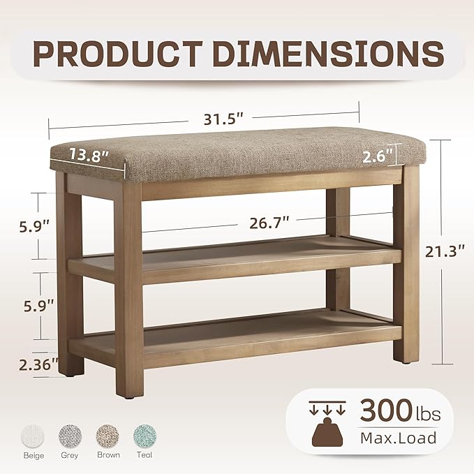 Zihanhome 2 Tier Shoe Rack Bench with Cushion, Solid Wood Shoe Benches, Mid-Century Modern Shoe Storage Bench for Entryway, Hallway, Living Room, Closet, Front Door Entrance, (Brown, 31.5")