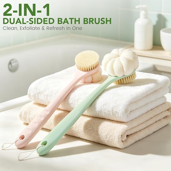 Back Scrubber for Shower, 15.7" Loofah with Handle, Back Shower Brush with Bristles and Loofah, Dry Brushing Body Brush for Cleanse Back and Hard to Reach Areas with Curved Long Handle