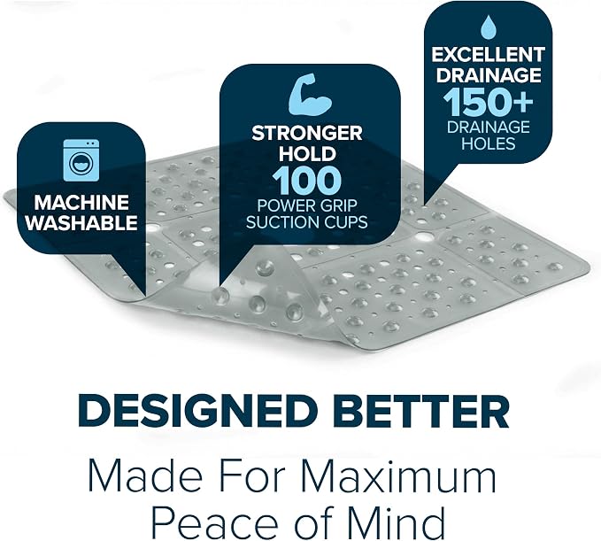 SlipX Solutions 27" Oversize Square Shower Mat, Non-Slip Mat for Elderly & Kids, 100+ Power Grip Suction Cups for Smooth Surfaces, Machine Washable, Translucent Gray