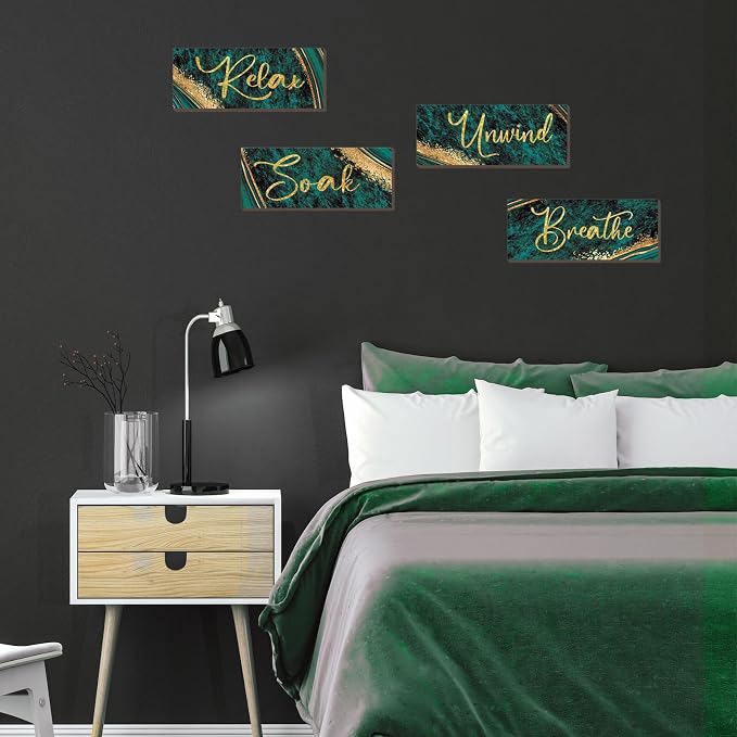 ONIZHITY 4 Pcs Large Green and Gold Bathroom Decor - Relax Soak Unwind Breathe Wood Rustic Marble Bathroom Accessories for Bedroom, Living Room, Office, Kitchen (Green Gold 14X5.5)