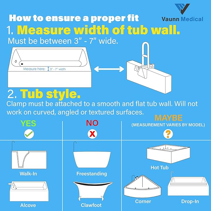 Vaunn Medical Adjustable Height Bathtub Safety Rail, Extra-Height 17"-20" Tall Extension ADA Compliant Shower Grab Bar Handle for Elderly and Disabled, Secure Locking Tub Clamp, 300 lbs