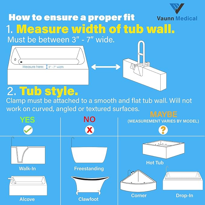 Vaunn Medical Secure Bathtub Safety Rail, ADA Compliant Shower Grab Bar Handle for Elderly and Disabled, Secure Locking Tub Clamp, 300 lbs