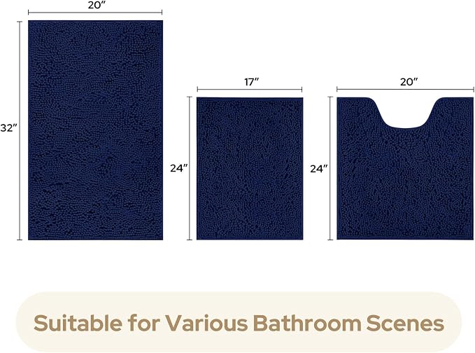 HOMEIDEAS 3 Pieces Bathroom Rugs, Ultra Soft Non Slip Absorbent Chenille Toilet Bath Mat Set (Navy Blue)