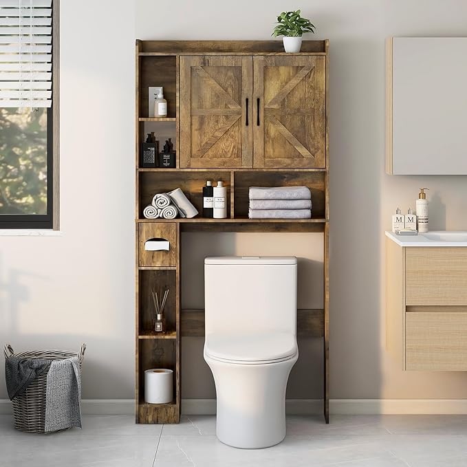 Vabches Over The Toilet Storage Cabinet, Farmhouse Storage Cabinet Over Toilet with 2 Barn Doors & Toilet Paper Holder Stand，Home Space-Saving Toilet Rack, for Bathroom, Restroom, Laundry.