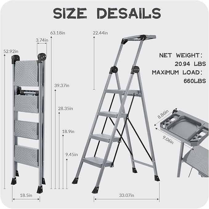 XinSunho 4 Step Ladder, Foldable Step Stool Ladder with Handrails & Tray, 660 lbs Heavy Duty Wide Pedals, Sturdy Steel Folding Ladder for Kitchen, Home, and Household Use(Silver, 4 Step)