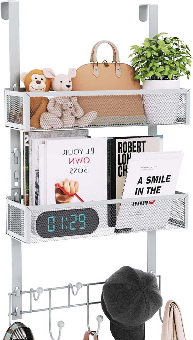 Consumest Over The Door Hooks Organizer - 3 Tier Door Hanger with 9 Coat Hooks & 2 Mesh Basket, Back Storage Organizer Hanging Towels for Bathroom, Bedroom, Silver