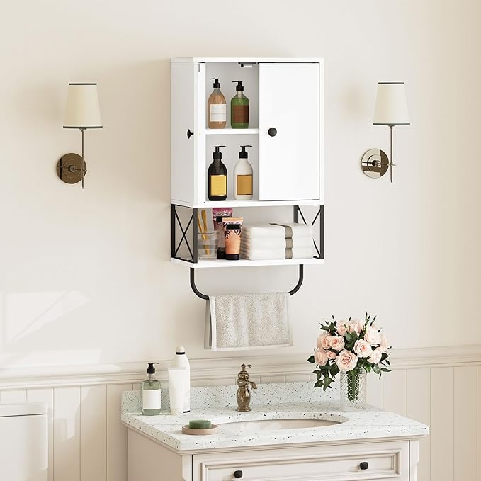 MAHANCRIS Bathroom Wall Cabinet with 2 Door and Adjustable Shelf, Farmhouse Medicine Cabinet with Towel Rack, 3-Tier Wall Mounted Storage Cabinet Over The Toilet for Bathroom Laundry Room, White