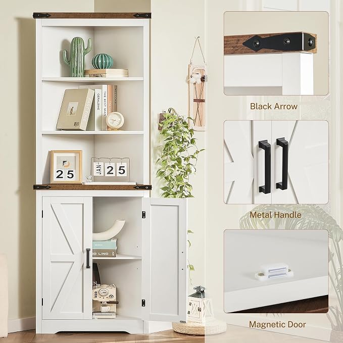 TEENFON Farmhouse Corner Cabinet, 70" H Tall Corner Hutch with 5 Shelves & 2 Barn Doors, Bathroom Cabinet with Adjustable Shelf, for Living Room, Kitchen, Bathroom, White