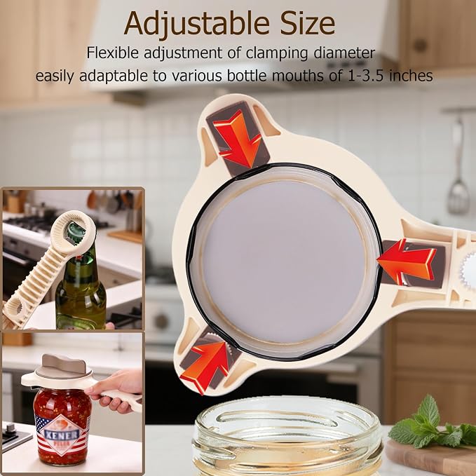 4-in-1 Jar Opener, Adjustable Jar Opener for Seniors, Kitchen Tool Designed Specifically for Seniors and Those with Limited Physical Strength, Suitable for Beer, Salad Dressing, Jar (Beige)