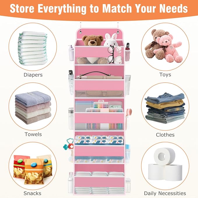 WISELIFE Over The Door Organizer - 5 Shelves Large Capacity Hanging Bedroom Storage Solution with Side Pockets for Dorm Bathroom Pantry Nursery and Baby Essentials Holds up to 40 Lbs (Pink)