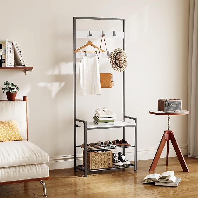 Hall Tree with Shoe Storage Bench - Entryway Bench with Coat Rack and Hooks - 3-in-1 Small Hall Tree for Entry Way, Entrance, Hallway, Doorway, Front Door, Mudroom, Small Space - Rustic Brown