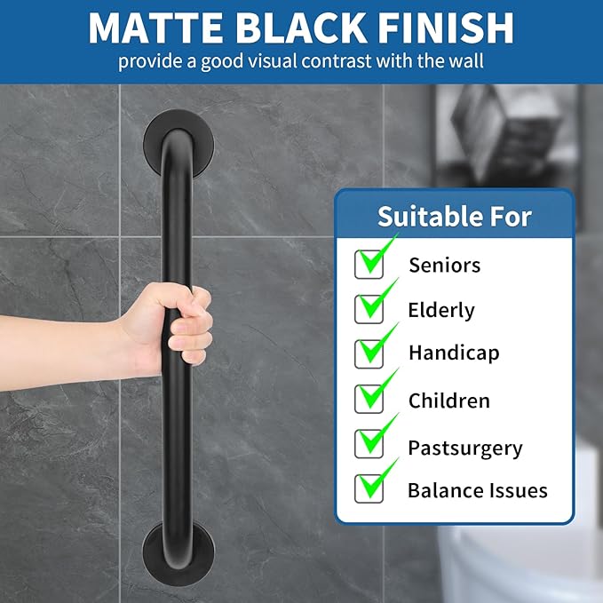 Safety Shower Grab Bars for Seniors, Stainless Steel Anti Slip Shower Handle, ADA Compliant Hand Rails, Holds up to 500 LBS Grab Bars for Elderly for Wall (Black, 24 Inches)