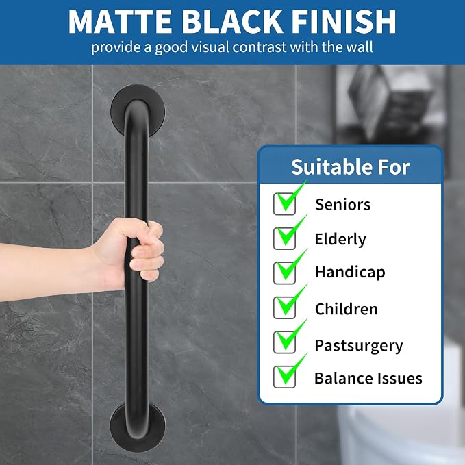 Safety Shower Grab Bars for Seniors, Stainless Steel Anti Slip Shower Handle, ADA Compliant Hand Rails, Holds up to 500 LBS Grab Bars for Elderly for Wall (Black, 12 Inches)