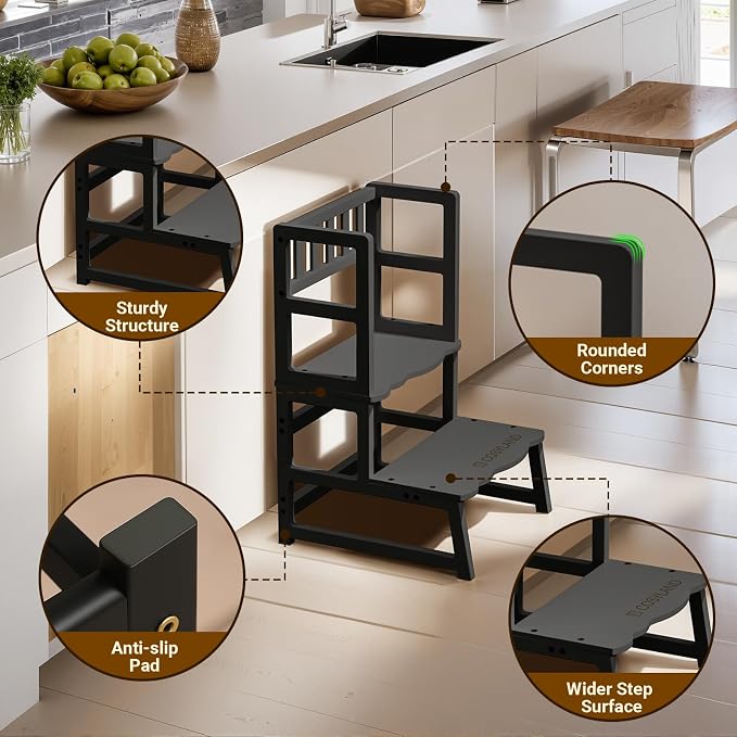 COSYLAND Toddler Step Stool with Armrest – Wooden Helper for Bathroom Sink, Potty, Kitchen, Bedroom – 300 lbs Load Capacity Ladder with Removable Anti-Fall Side Frame – Black