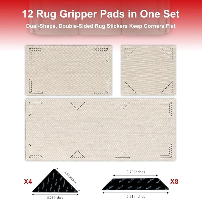 Tiumso 12Pcs Rug Gripper, Double Sided Carpet Tape for Area Rugs, Non Slip Rug Pads Grippers for Hardwood, Tile and Laminate Floors, Rug Corner Grippers for Preventing Curling and Bunching, Black