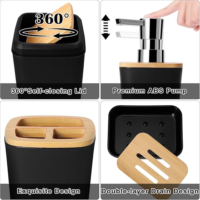 XLHOMO Bathroom Set Black Bathroom Trash Can, 9 Piece Bathroom Decor Toothbrush Holder, Cup, Lotion Dispenser, Tray, Soap Dish, Toilet Brush, Qtip Holder