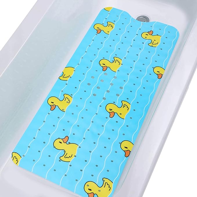 Bath Mat for Tub Non Slip Baby Kids Bathtub Mat Extra Long 40X16 Inch Blue Toddler Shower Mat Anti Slip Tub Mat with Suction Cups & Drain Holes, Machine Washable,Duck