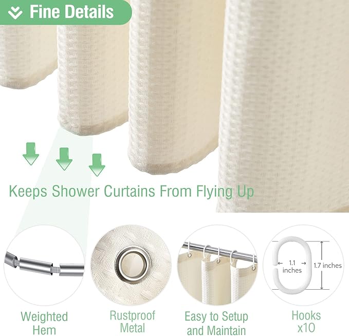 Dynamene Stall Fabric Shower Curtain， 54x78 inch Long Waffle Weave Weighted Thick Cloth Shower Curtains for Bathroom,Neutral Heavy Duty Hotel Spa Luxury Bath Curtain Set with 10 Plastic Hooks,Ivory