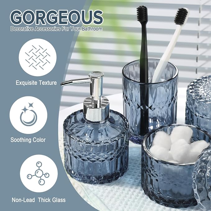 Blue Bathroom Accessories 4Pcs, Diamond Glass Bathroom Accessory Set, Bathroom Set with Soap Dispenser, Blue Bathroom Decor with Toothbrush Holder, Qtip Holder for Bathroom, Countertop