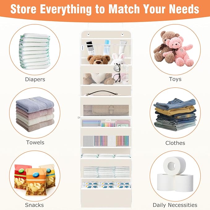 WISELIFE Over the Door Organizer - 6 Shelves Detachable Hanging Bedroom Storage Solution with 5 Large Pockets and 3 PVC Pockets for Dorm Bathroom, Pantry Nursery Baby Essentials (Beige)