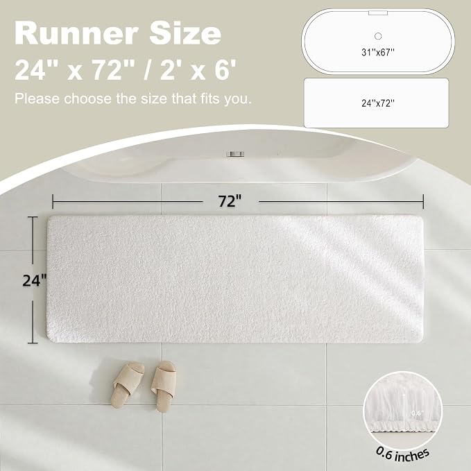 TYUU Bathroom Runner Rug, Ultra Soft Long Bath Mat Super Absorbent Quick Dry Bathroom Runner Rugs 24 x 72 Non Slip Washable, White 24" x 72"