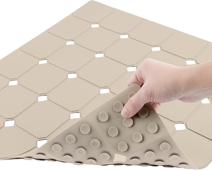 Shower Mat Non Slip 21"x21" Silicone Foldable Bath Mat with Suction Cups & Drain Holes, Odorless, Eco-Friendly & Durable, Machine Washable Shower Stall Mat for Adults, Seniors Beige