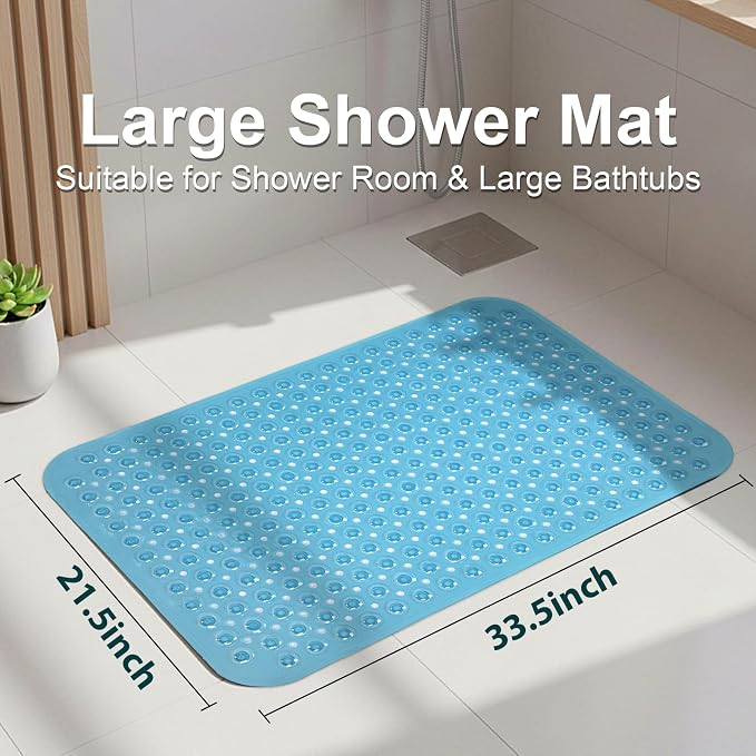 Large Shower Mat 21.5x33.5 Inch Clear Blue, Soft Non Slip Shower Mats for Inside Shower with Big Suction Cups Drain Holes, Extra Large Bath Bathtub Mat Floor Stall Mats, BPA-Free, Easy Clean