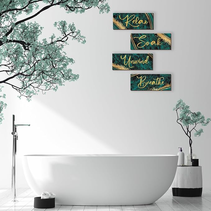 ONIZHITY 4 Pcs Large Green and Gold Bathroom Decor - Relax Soak Unwind Breathe Wood Rustic Marble Bathroom Accessories for Bedroom, Living Room, Office, Kitchen (Green Gold 14X5.5)