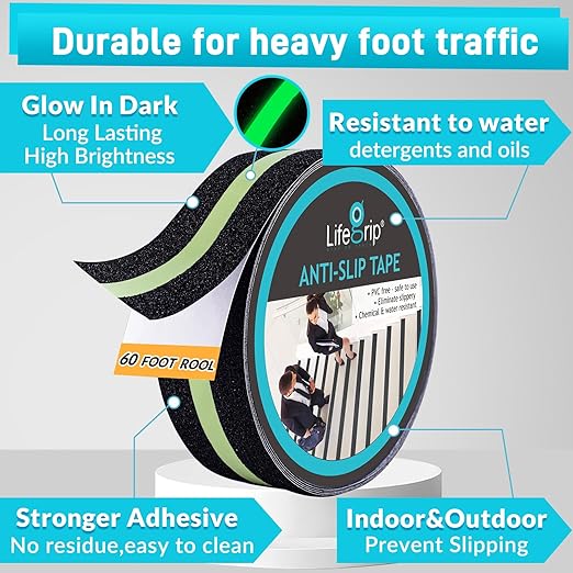 LifeGrip Anti Slip Traction Tape with Glow in Dark Green Stripe, 2 Inch x 60 Feet - Best Grip, Friction, Abrasive Adhesive for Stairs, Tread Step, Indoor, Outdoor, Black (2" X 60')