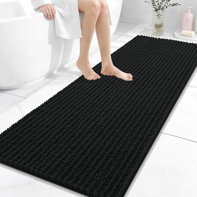 OLANLY Long Bathroom Rugs Runner 59x24, Thick Soft and Absorbent Chenille Bath Mat, Non-Slip, Machine Washable Quick Dry Bath Rugs for Tub Shower Floor, Home Decor Accessories, Black