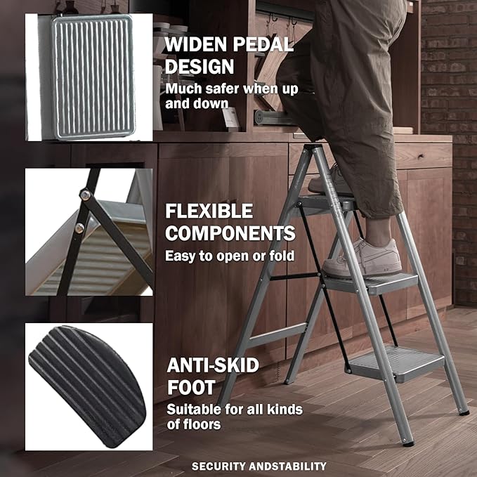 XinSunho 3 Step Ladder, Folding Step Stool with Anti-Slip Wide Pedal, Portable Sturdy Steel Ladder 3 Steps, 330lbs Safety Kitchen & Household Ladder